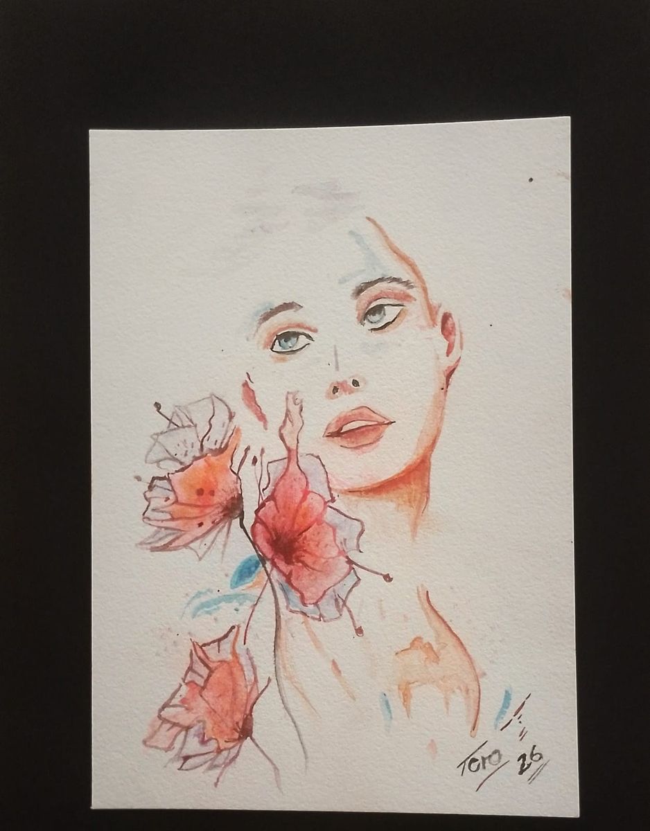 Acuarela de un rostro de mujer entre flores