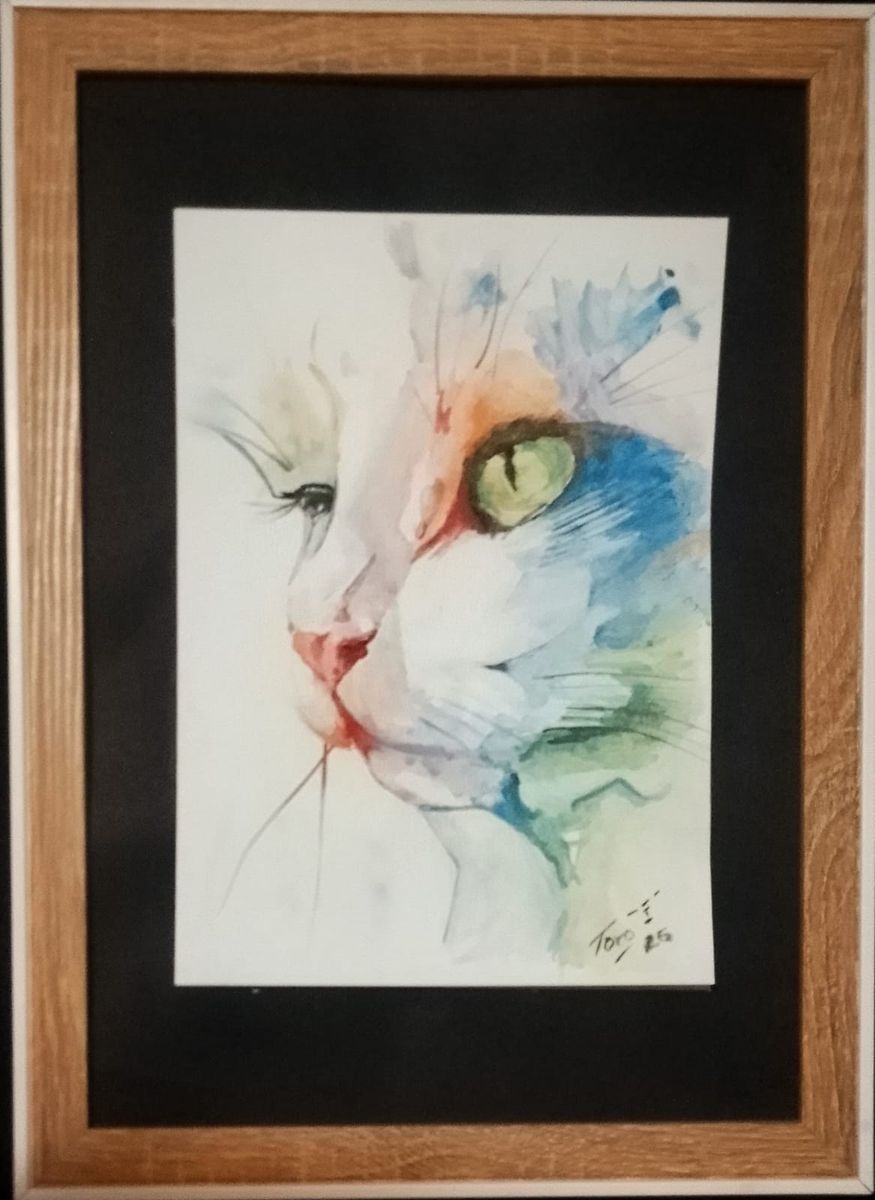 Acuarela enmarcada de un gato