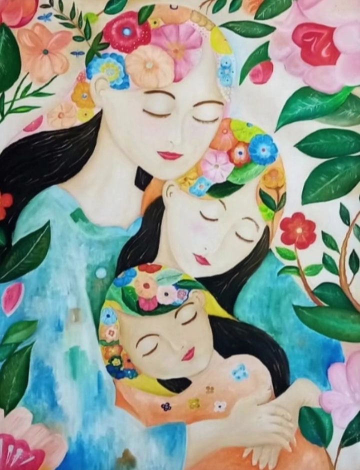 Pintura de una madre con sus hijas rodeadas de flores