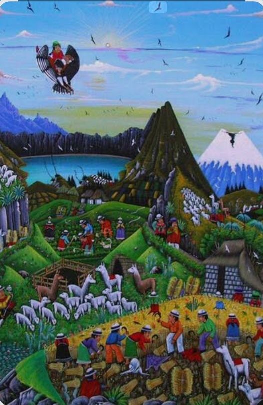 Pintura costumbrista de Tigua con cóndor y comunidad andina